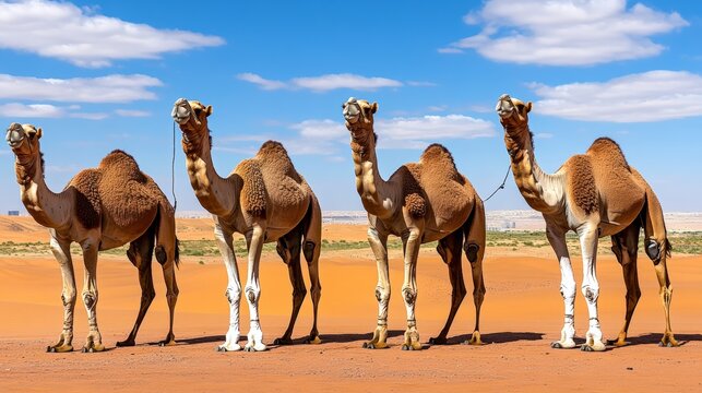 A photostock image of a desert safari with camels in Dubai , --no grunge, space for text, people, splash, dust,