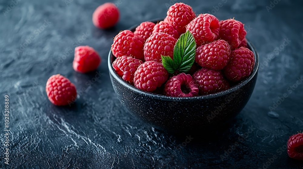 Aufkleber fresh raspberries on a black bowl slate background top view : generative ai