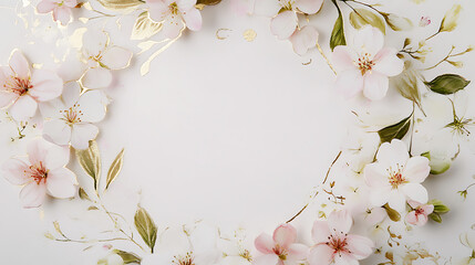 Obraz premium Romantic wedding invitation card with a wreath of pink and white blossoms surrounding gold foil text, creating a timeless and sophisticated look 