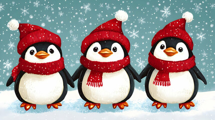 Fototapeta premium Cute Penguins in Winter Wonderland.