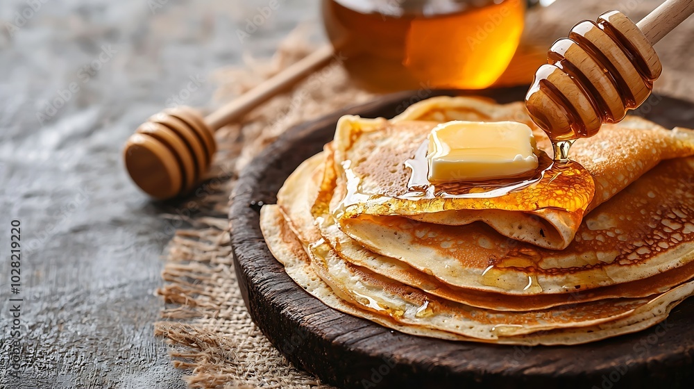 Poster Thin crepes or pancakes with butter honey and sour cream on a rustic textile background : Generative AI