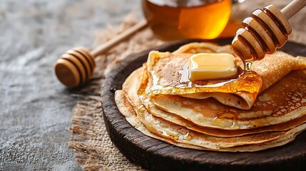 Thin crepes or pancakes with butter honey and sour cream on a rustic textile background : Generative AI