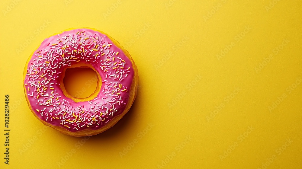 Poster Donut on yellow background Top view Copy space : Generative AI