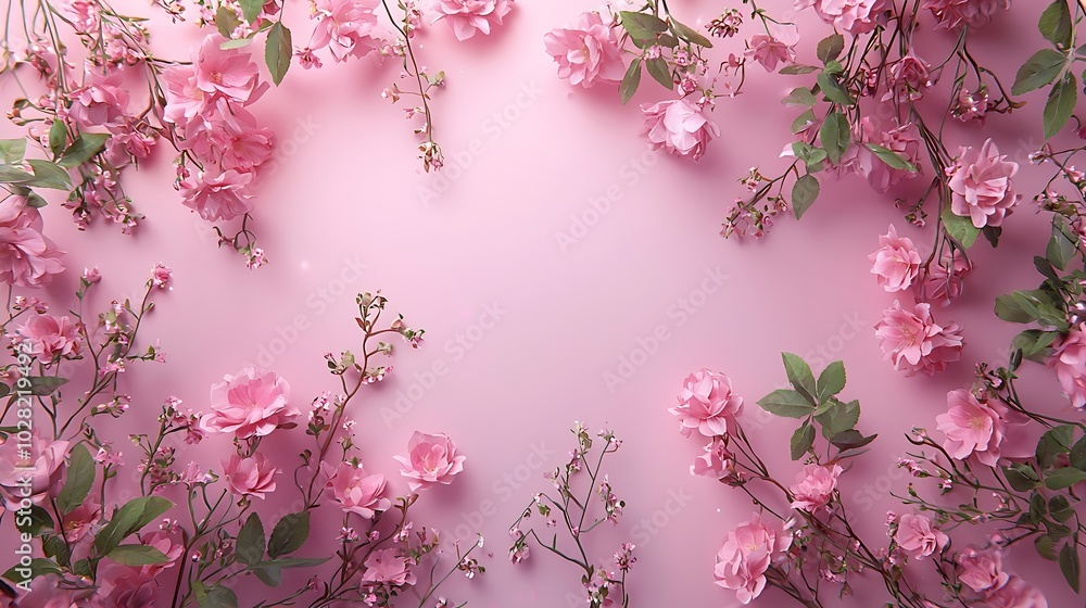 Poster rose flowers frame on pink background top view copy space : generative ai