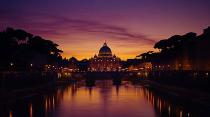 Fototapeta premium St. Peter's Basilica, seen from a distance at dusk, the silhouette of the large dome and bell tower clearly visible against the orange and purple sky, Ai generated images