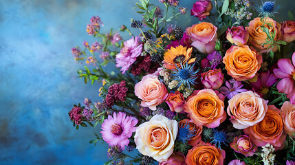 Vibrant watercolor floral arrangement with bold brushstrokes, featuring a mix of roses and wildflowers in bright, warm tones 