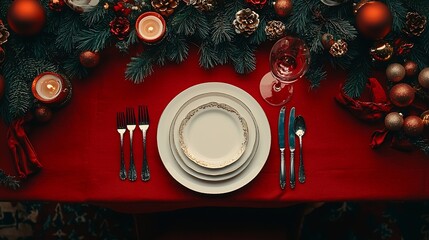 Christmas And New Year Holiday Table Setting Celebration Place setting for Dinner Decorations Top view : Generative AI