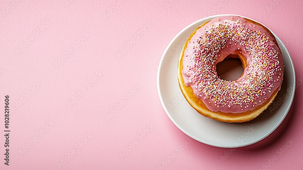 Poster coffee with donut on pink paper background top view copy space : generative ai