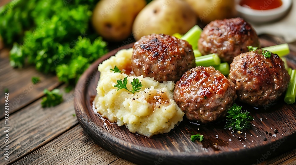 Aufkleber meatballs duck meat with apple sauce and mashed celery potato on a wooden background : generative ai
