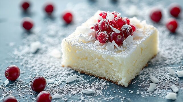 Blondie white chocolate cake brownie with cranberry and coconut on a white and blue wooden background : Generative AI