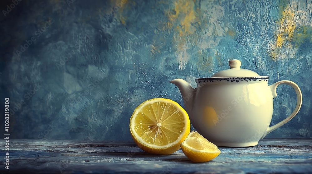 Aufkleber tea cup and pot with lemon grey background close up : generative ai