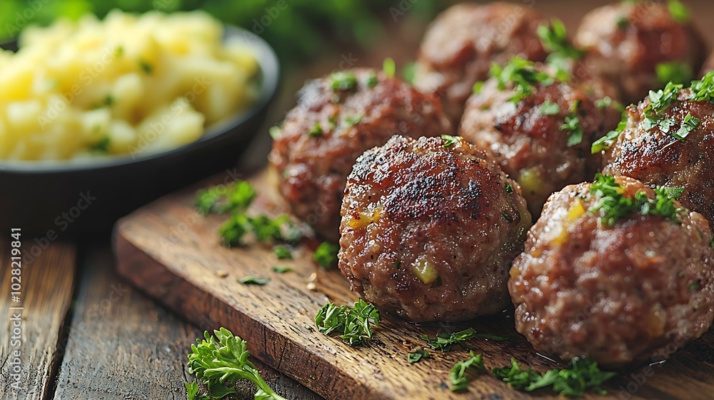 Poster Meatballs duck meat with apple sauce and mashed celery potato on a wooden background Copy space text place : Generative AI