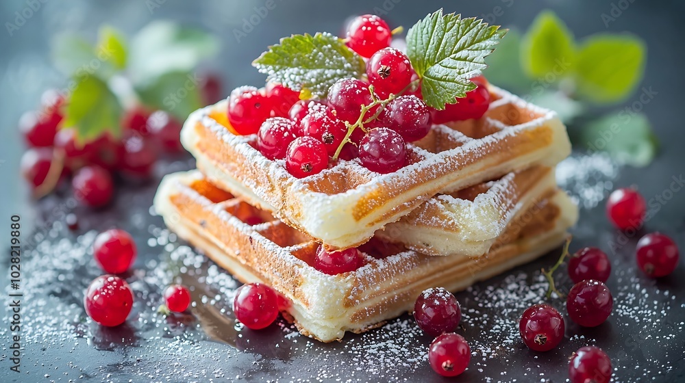 Poster belgian waffles with fresh red currant berries slate dark background close up : generative ai