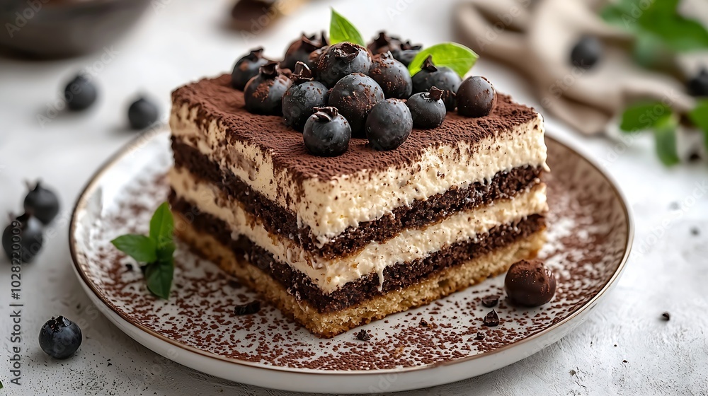Poster tiramisu cake with chocolate decoration on a plate grey stone background copy space : generative ai
