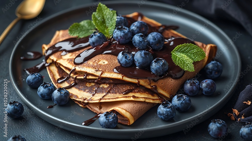 Poster crepes thin pancakes with chocolate sauce and fresh blueberries grey background top view : generativ