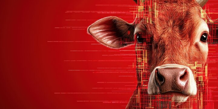 Digital Cow Portrait with Red and Gold Abstract Background