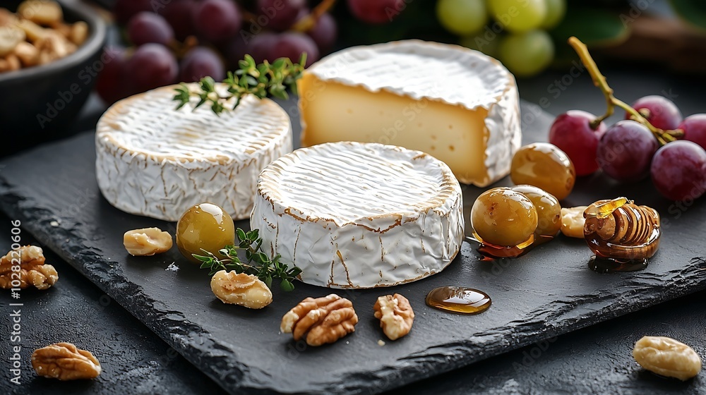 Aufkleber Assortment of cheese with honey nuts and grape on a modern cutting board slate background : Generative AI
