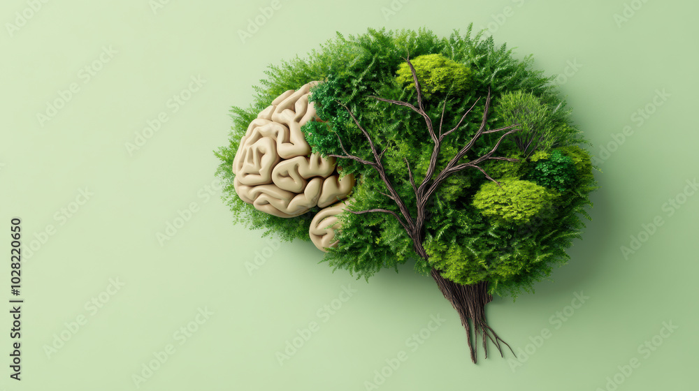 Poster image features creative representation of brain integrated with lush greenery, symbolizing connectio
