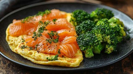 Omelet with smoked salmon and broccoli on a plate : Generative AI