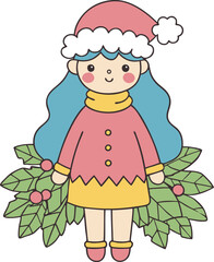Fototapeta premium Kawaii Christmas Girl with Holly and Santa Hat in Cute Cartoon Style