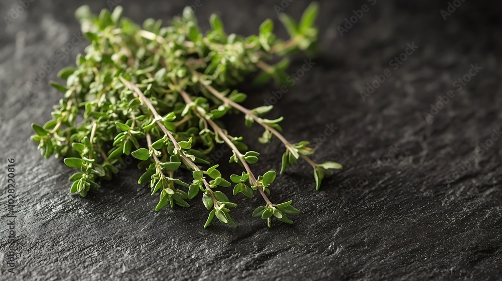 Poster Fresh thyme bunch on slate background Close up Copy space : Generative AI