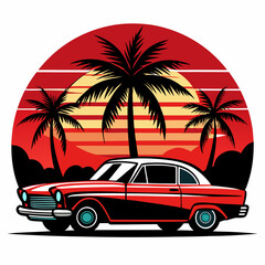 sunset Vibes t-shirt design, black silhouette illustration vintage retro  retro car with palm trees and no people on a white background