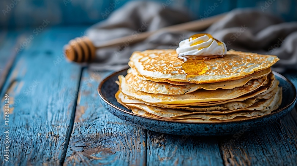 Poster crepes thin pancakes on a plate with honey and cream blue background close up : generative ai