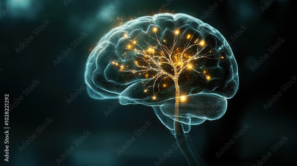 Poster glowing brain illustration with energy lines forming tree like structure, symbolizing creativity and