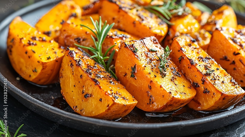 Poster roasted pumpkin with honey glaze and herbs on a black plate slate background copy space top view : g