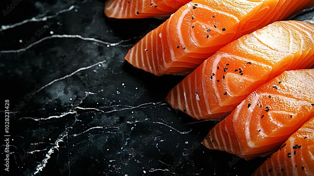 Poster salmon fish fillet texture dark marble background close up top view : generative ai