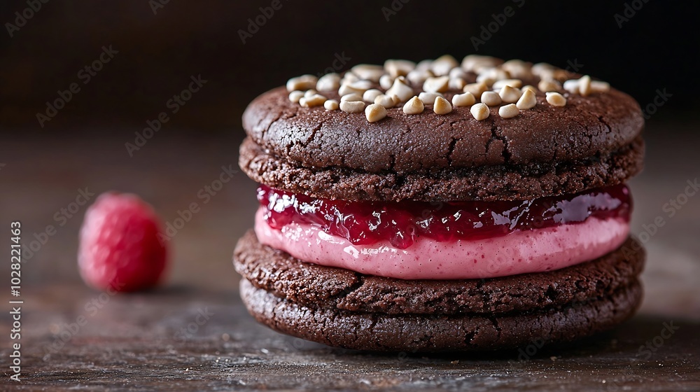 Poster chocolate cookie sandwich with a raspberry jam and meringue : generative ai