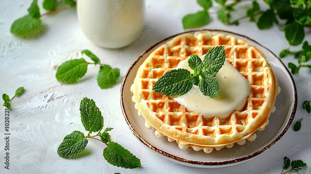 Poster fresh waffles with a bottle of milk om a white background breakfast table : generative ai