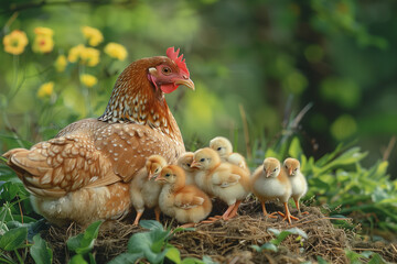  Beautiful mother hen with baby chicks in a lush natural setting