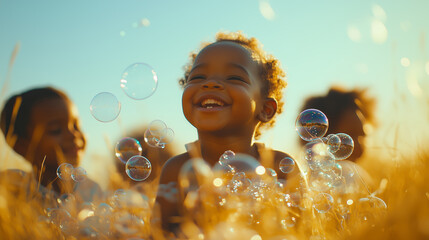 Joyful Child Playing with Bubbles in Golden Field
