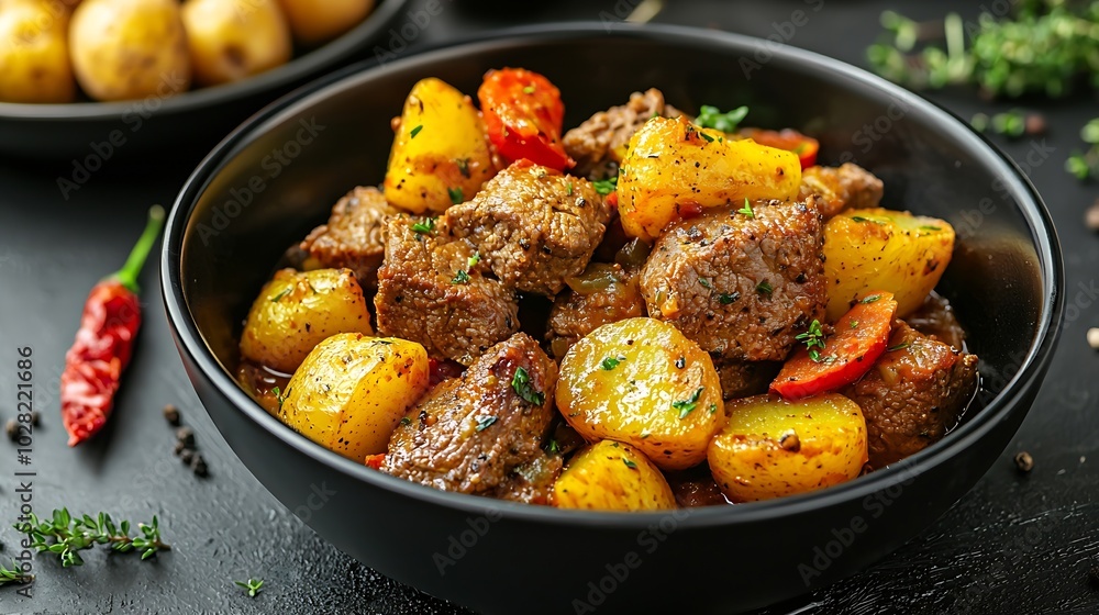 Poster beef meat and vegetables stew in black bowl with poasted baby potatoes dark background copy space : 