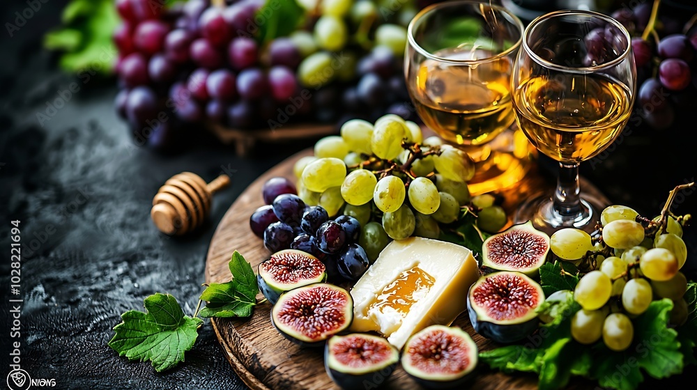 Poster cheese grape figs and honey with a glasses of red and white wine on a wooden background : generative