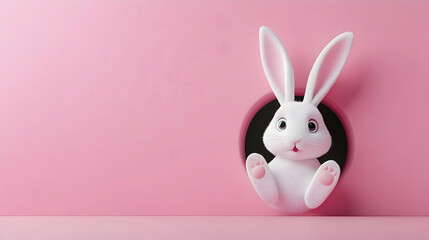 Cute Easter Bunny Peeking Through Hole in Pink Wall.