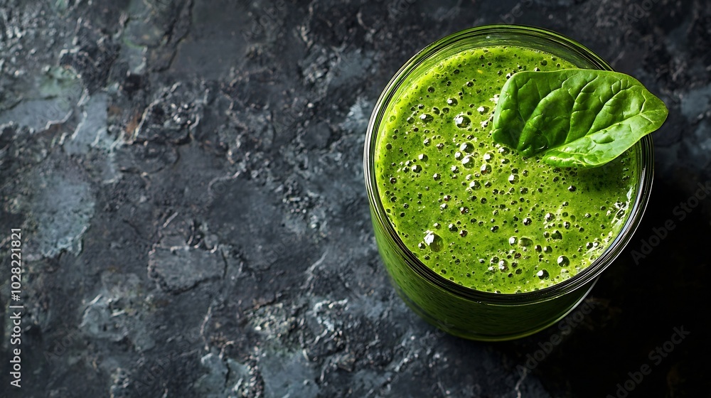 Aufkleber spinach smoothie healthy drink in glass jar on grey stone background top view copy space : generativ
