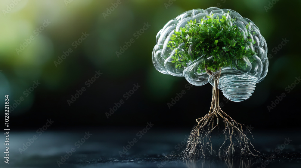 Poster crystal brain with tree roots symbolizes connection between nature and intellect, showcasing growth 