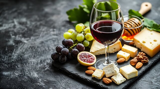 Red wine in glass with assortment of cheese honey nuts and grape on a modern cutting board slate background : Generative AI