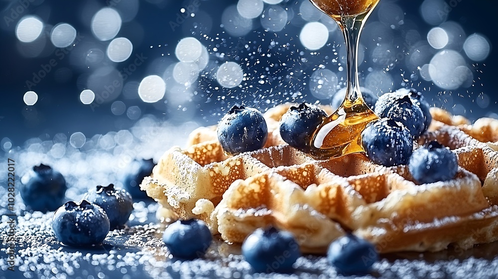 Poster honey pouring on a fresh waffles with blueberries breakfast table : generative ai