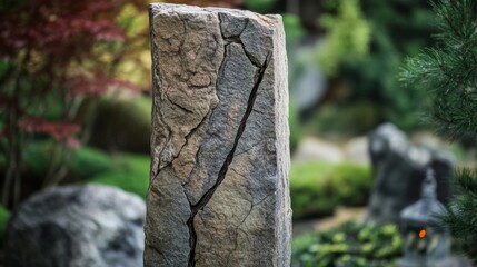 A Close-Up of a Cracked Stone Pillar in a Garden Setting