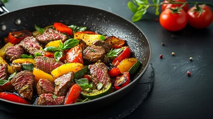 Beef and vegetables stir fry in a pan and rice Blue stone background Copy space Top view : Generative AI