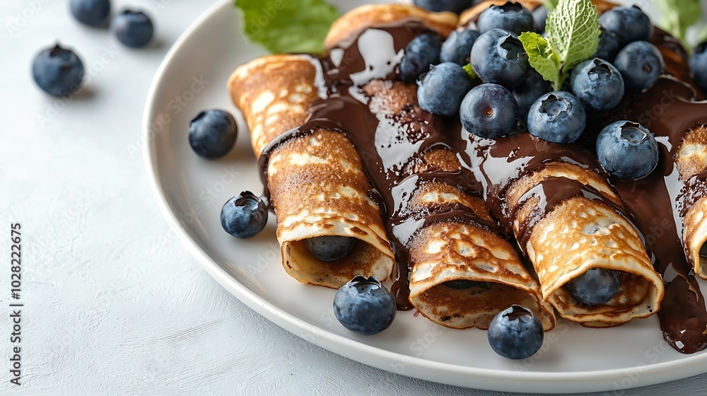 Poster crepes thin pancakes with chocolate sauce and fresh blueberries grey background copy space top view 