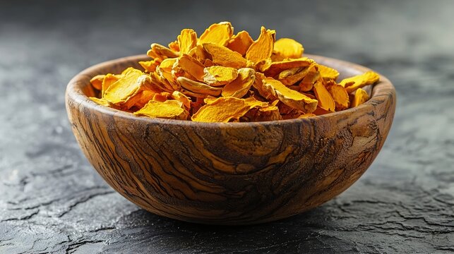 Fresh and dried turmeric roots in a wooden bowl Grey textile background : Generative AI