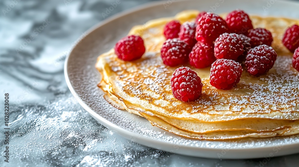 Aufkleber Crepes thin pancakes with raspberry on white plate Marble background Top view Copy space : Generative AI