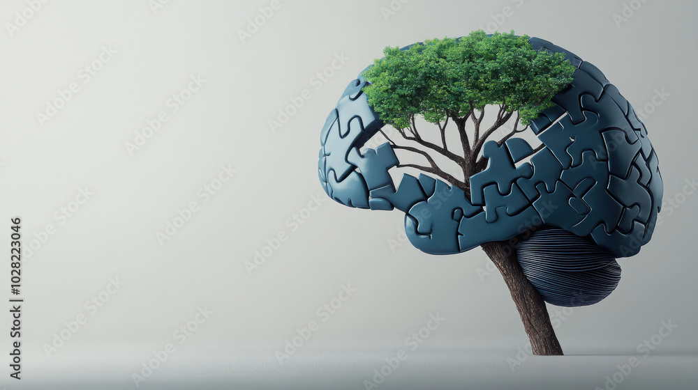 Poster brain made entirely of puzzle pieces with tree growing from it symbolizes creativity and growth. thi