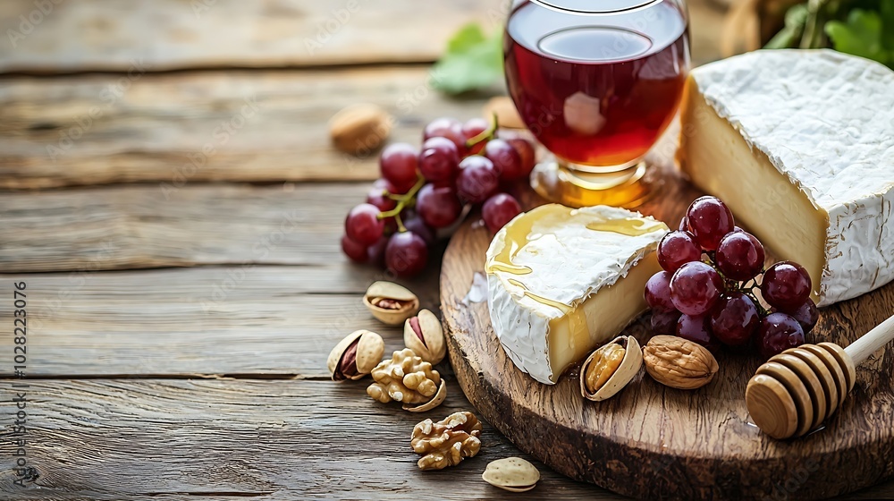 Poster cheese plate with honey on a wooden board nuts and grape and red wine in glass on a wooden backgroun