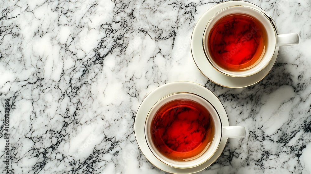 Poster tea in mugs with teapot on marble background close up : generative ai