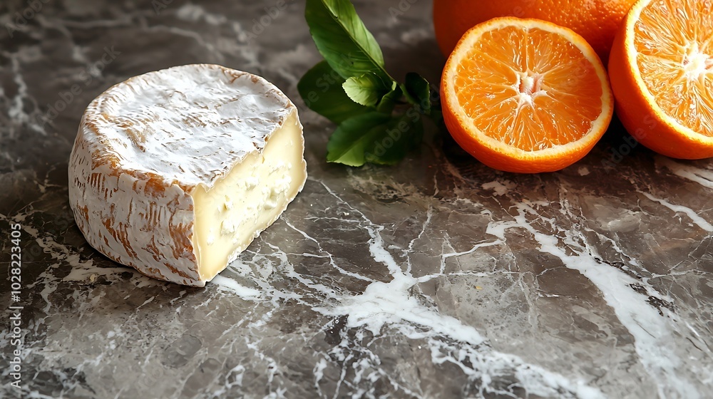 Poster cheese with washed orange rind marble table background close up top view : generative ai
